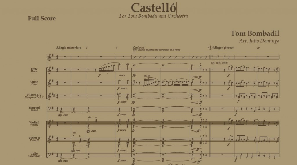Partitura sinfónica del tema 'Castelló' de Tom Bombadil creada para este concierto.